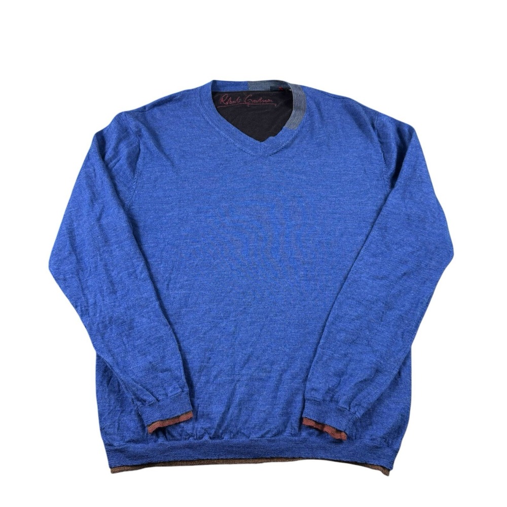 Robert Graham Mens Blue 100% Wool V-Neck Pullover Sweater Size Large